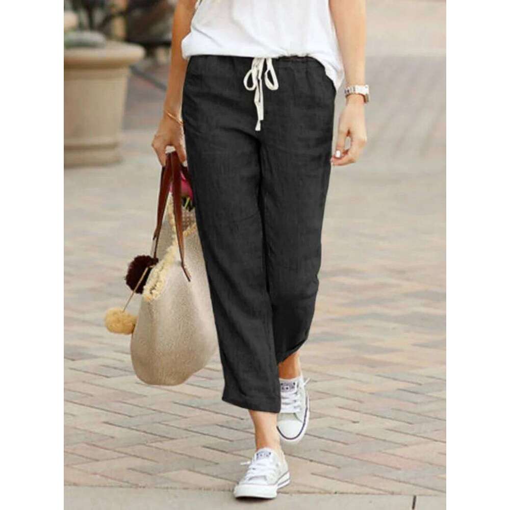 Elegant Solid Slimple Pant Fashion Women Drawstring Cropped Elastic Waist Straight Pants Casual Office Lady Communte Trousers
