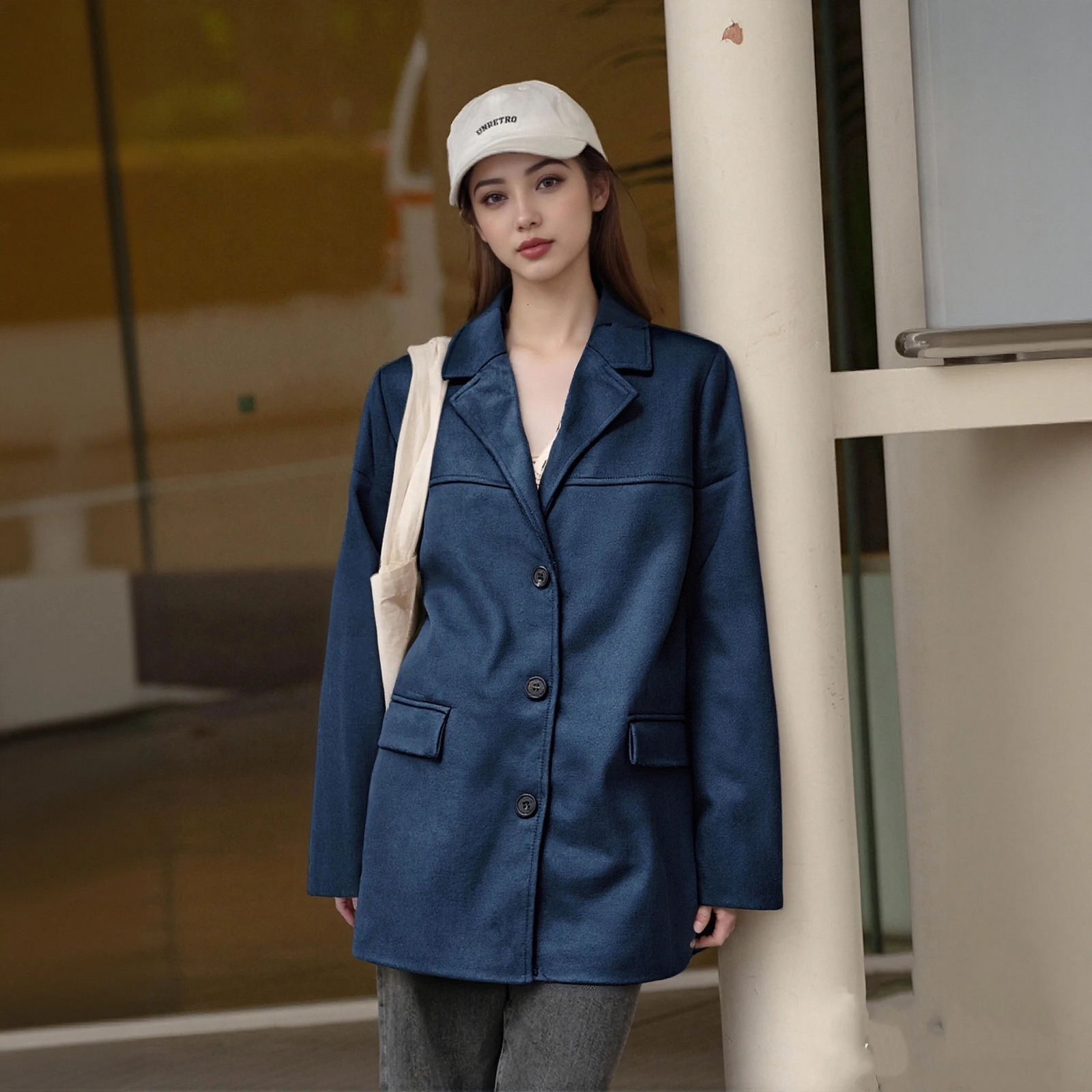 Retro Autumn Winter Loose Jacket Womens Long Sleeve Turndown Collar Solid Coats Female Street Chic Outwear Casual In Coat 250815