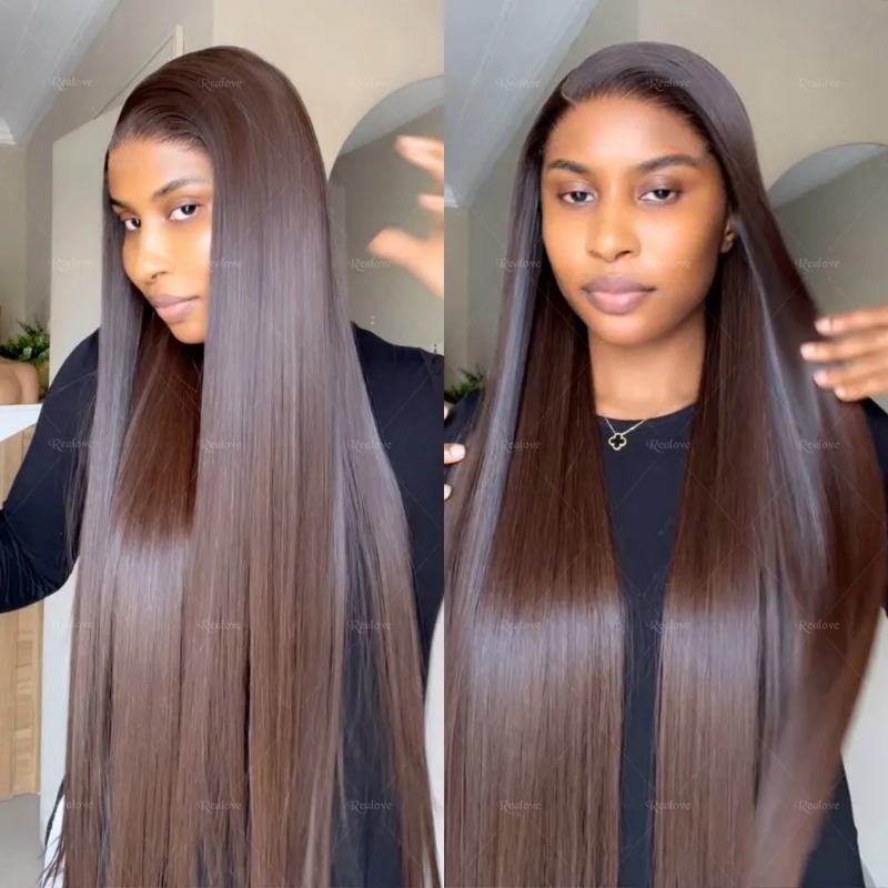 Chocolate Brown Colored Gluelesss 13x4 HD Lace Front Human Hair Wigs High Density Hd Transparent Lace Raw Indian Straight Human Hair Frontal Wigs
