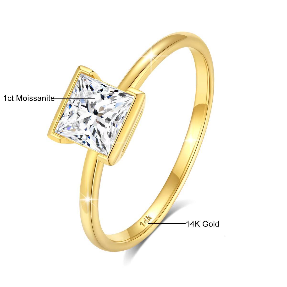 Gold Bijoux Simple Design Woman Classic 5.5mm 1ct Princess Cut Moissanite Ring Engagement Wedding 14K Gold Hollow Ring