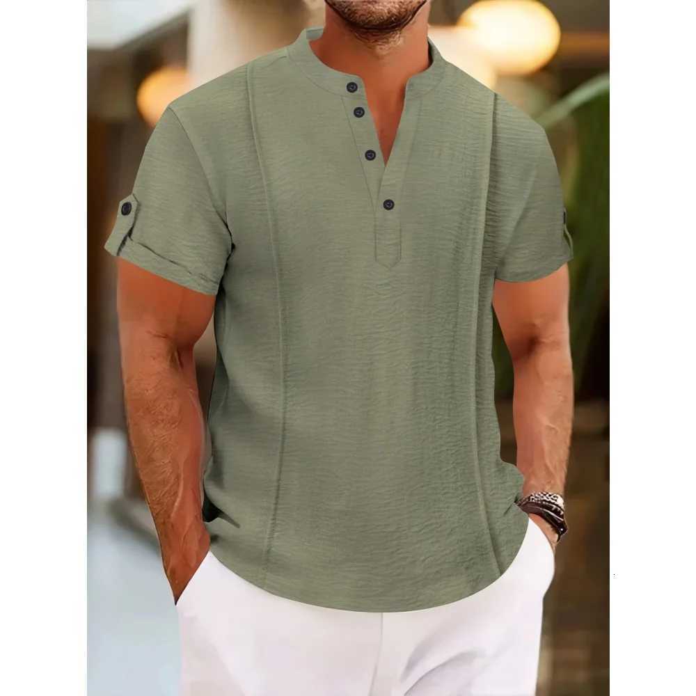 Mens summer new style standing collar short-sLeeved Shirts double button front casual outdoor beach wind solid color Tops Y250819