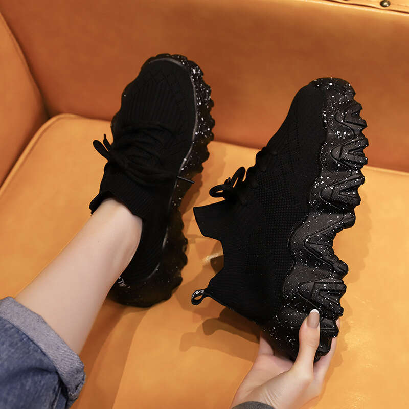 2023 Summer Dad Platform Thick Sole Single Women's Flyknit Breathable Elastic Socks Casual Sports White Shoes Trendy