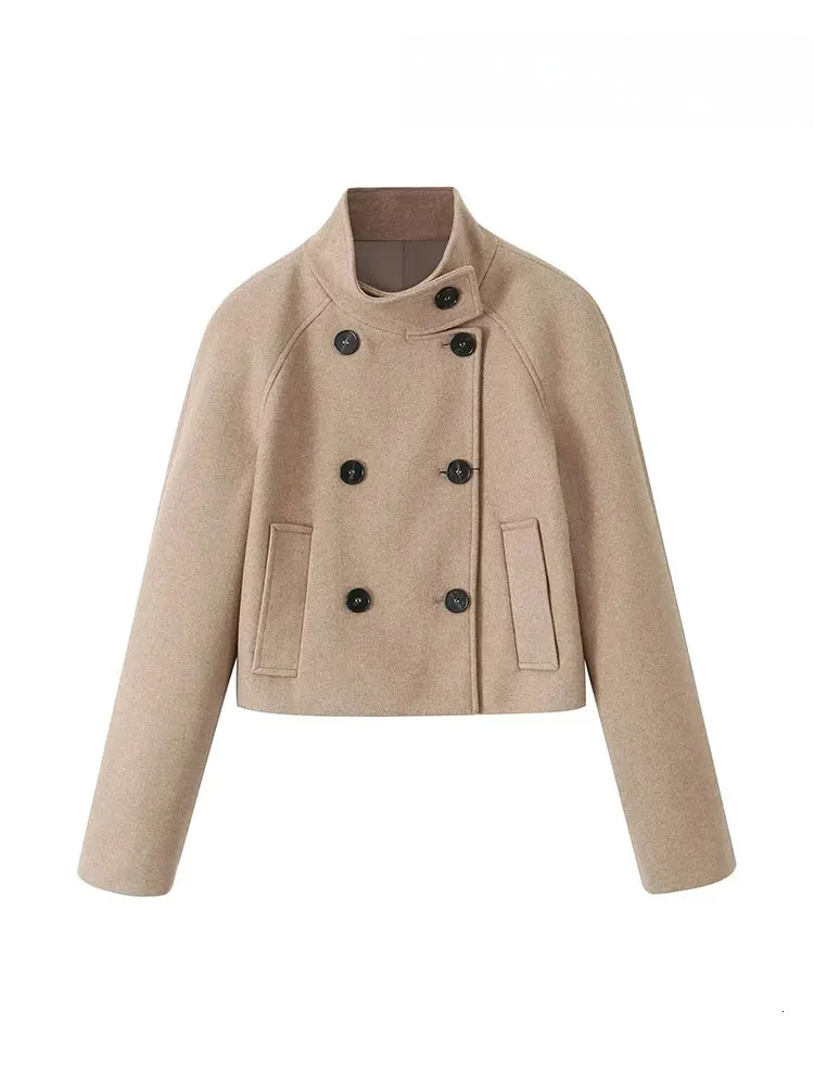 Winter Khaki Women's Loose Jacket Fashionable Stand Collar Long Sleeve Double Breasted Casual Jacket Women's Short Coat