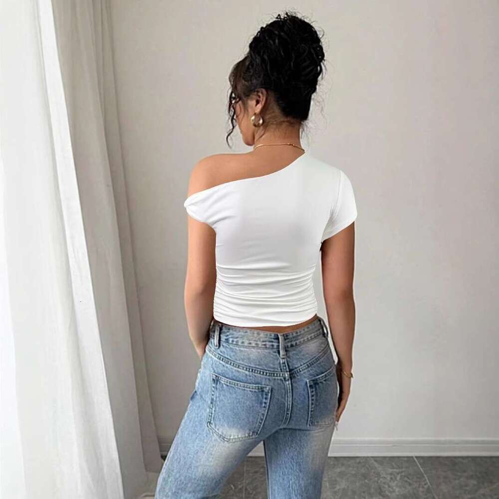 Summer New Style Asymmetrical Neck Sexy Sale Slimming Ruched Crop Top Hot Girl Women's Clothing