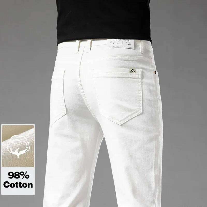 Summer New 98% Cotton Men's Casual Jeans White Classic Fashionable Stretch Straight Denim Trousers Black Brand Clothing Male