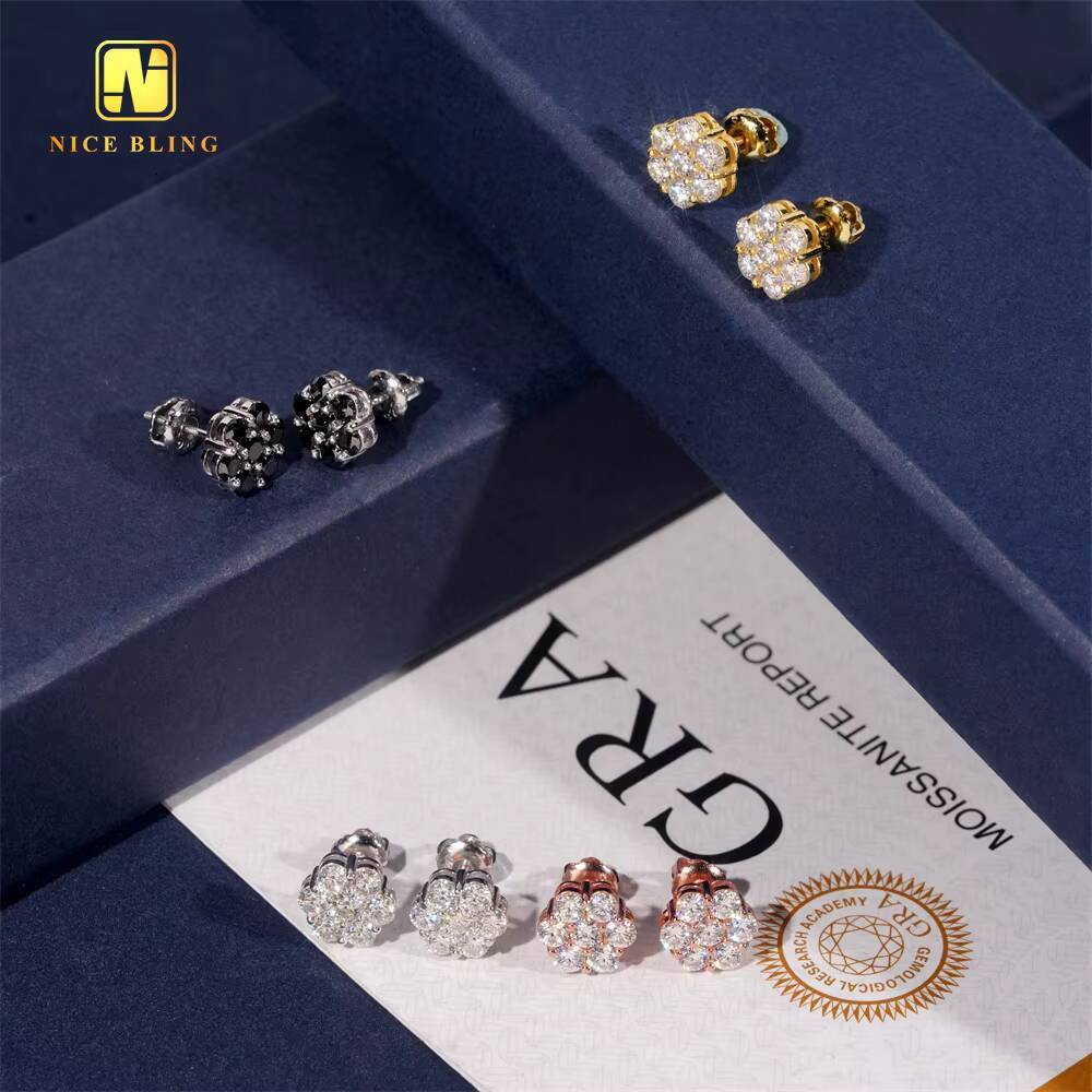 9mm Fashion Cluster Screw Back Flower Ear Studs Iced Out Hip Hop Jewelry 925 Silver VVS Moissanite Stud Earring for Women