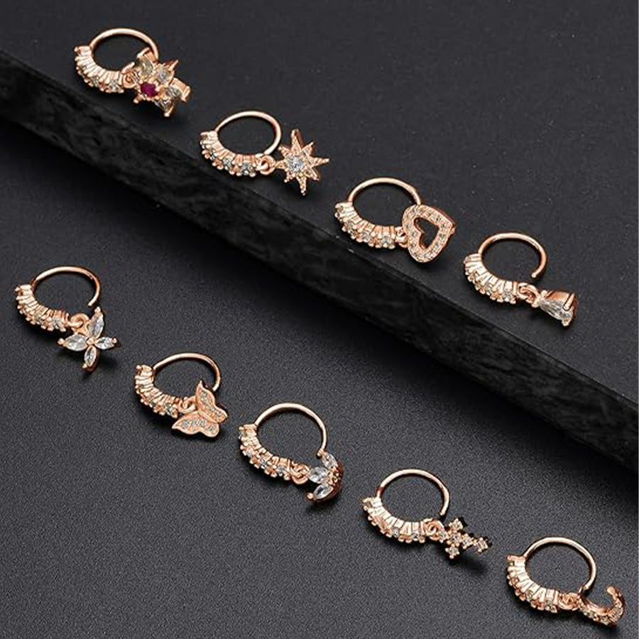 10Pcs Dangle Nose Rings Hoop Butterfly Heart Moon Flower Star CZ Cartilage Earring Dangling Nose Body Piercing Jewelry 20G Rose Gold Tone