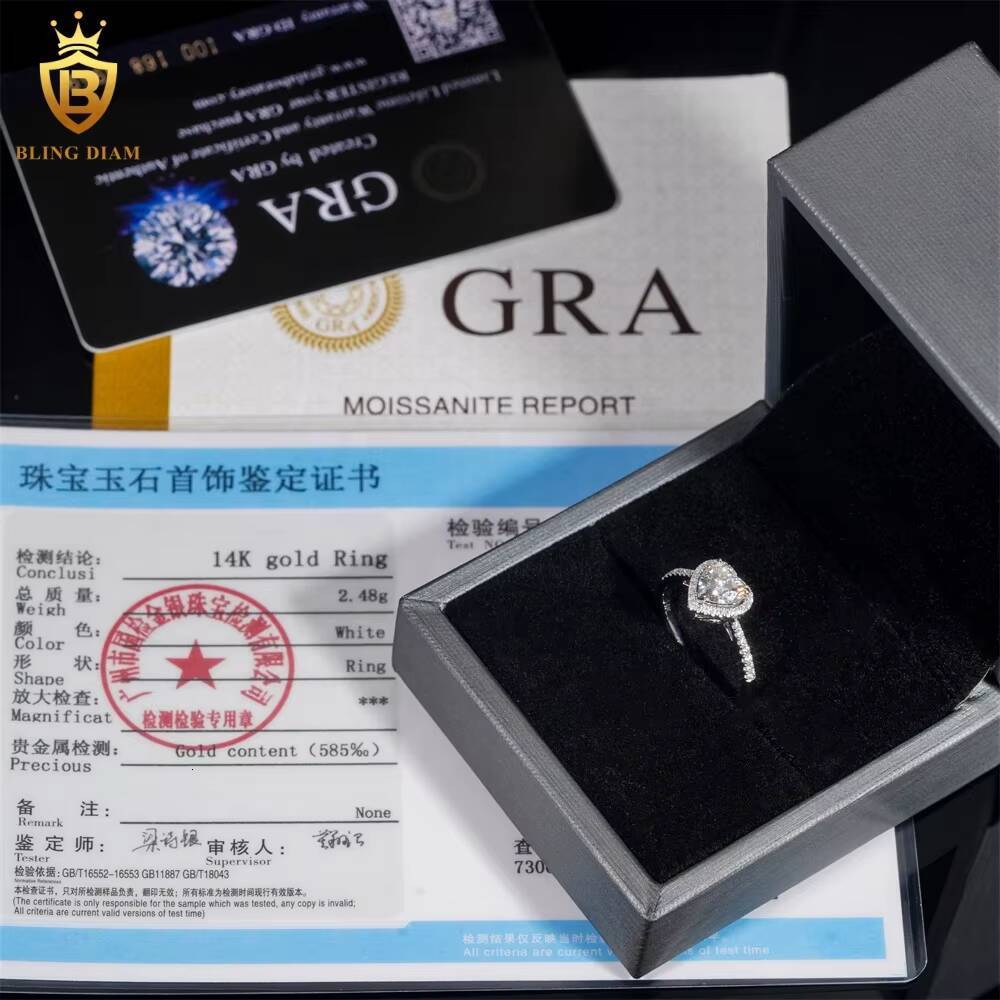 VVS Moissanite Diamond Fashion GRA Certificated 14K White Gold Engagement Wedding Heart Ring