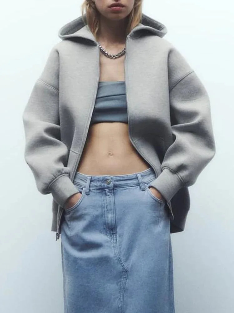 ZABA Womens Versatile Hooded Zip Long Sleeve Loose Jacket Fashion Oversized Casual Top Sweatshirt Street Basic Sports Wear 250815