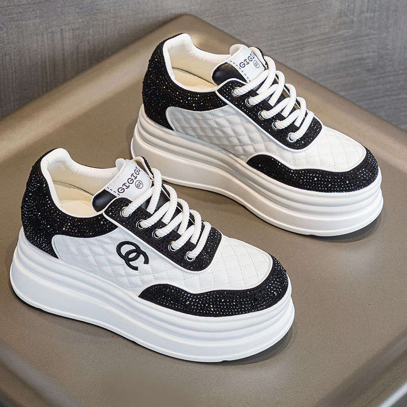 New Spring and Autumn Sneakers 7CM Height Increase Thick Sole Long-Leg Effect Versatile Women's Genuine Leather Rhinestone Internet Celebrity Whi