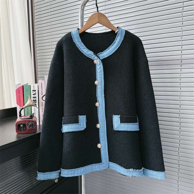 Women's Clothing Autumn And Winter Sweater Splicing Denim Knitted Cardigan Temperament Jacket