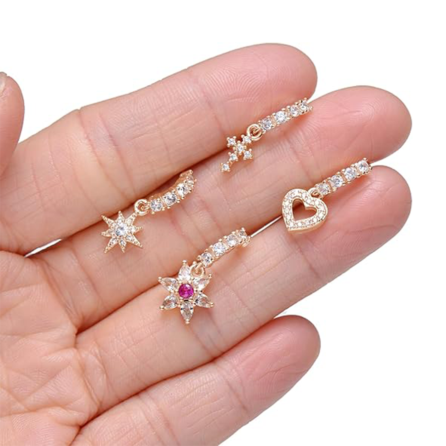 10Pcs Dangle Nose Rings Hoop Butterfly Heart Moon Flower Star CZ Cartilage Earring Dangling Nose Body Piercing Jewelry 20G Rose Gold Tone
