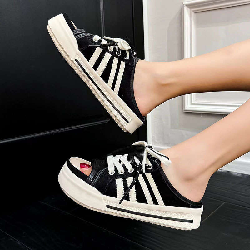 2025 Summer New Thick-Soled Half Slippers for Women, Fashionable and Versatile Outdoor Wear, Height-Increasing Canvas Casual Internet Celebrity Sandal