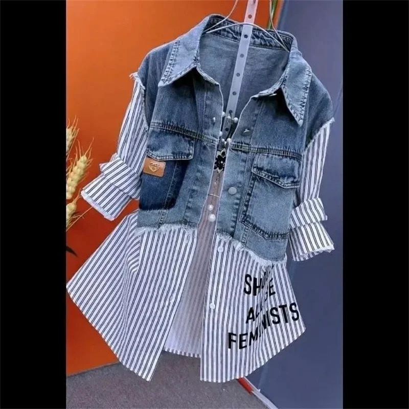 Women Denim Jacket Two Denim Shirts 2025 Spring Summer Autumn Casual Fashion Joker Stitching Striped Tops Coat Female 250820