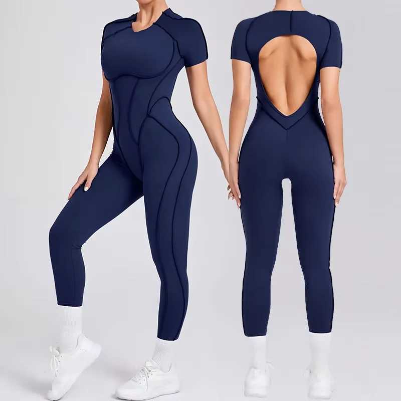 One-piece Yoga Set Jumpsuit Women Long Sleeved Set Quick Drying suit Gym Training Suit Sportswear Bodysuits Women Fitness Black S25820