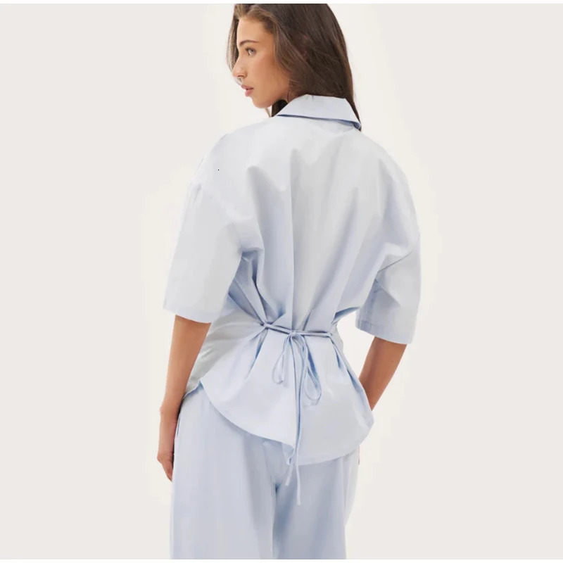 Women Cotton Back-Belted Set Shirt Collar Short Sleeve Top Wide Leg Pants Street Casual Suit office Elegant Lady Outfit 250820