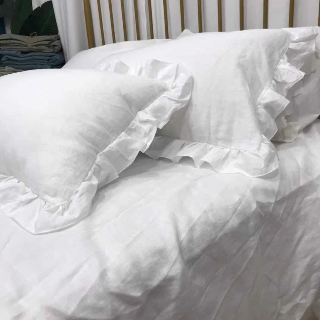 Pure Linen Ruffle Bed Sheets Set ( 1 Ruffle Flat Sheet and 2 cases) Bedsheets Full Set for Queen King Single Double Bed Y250819