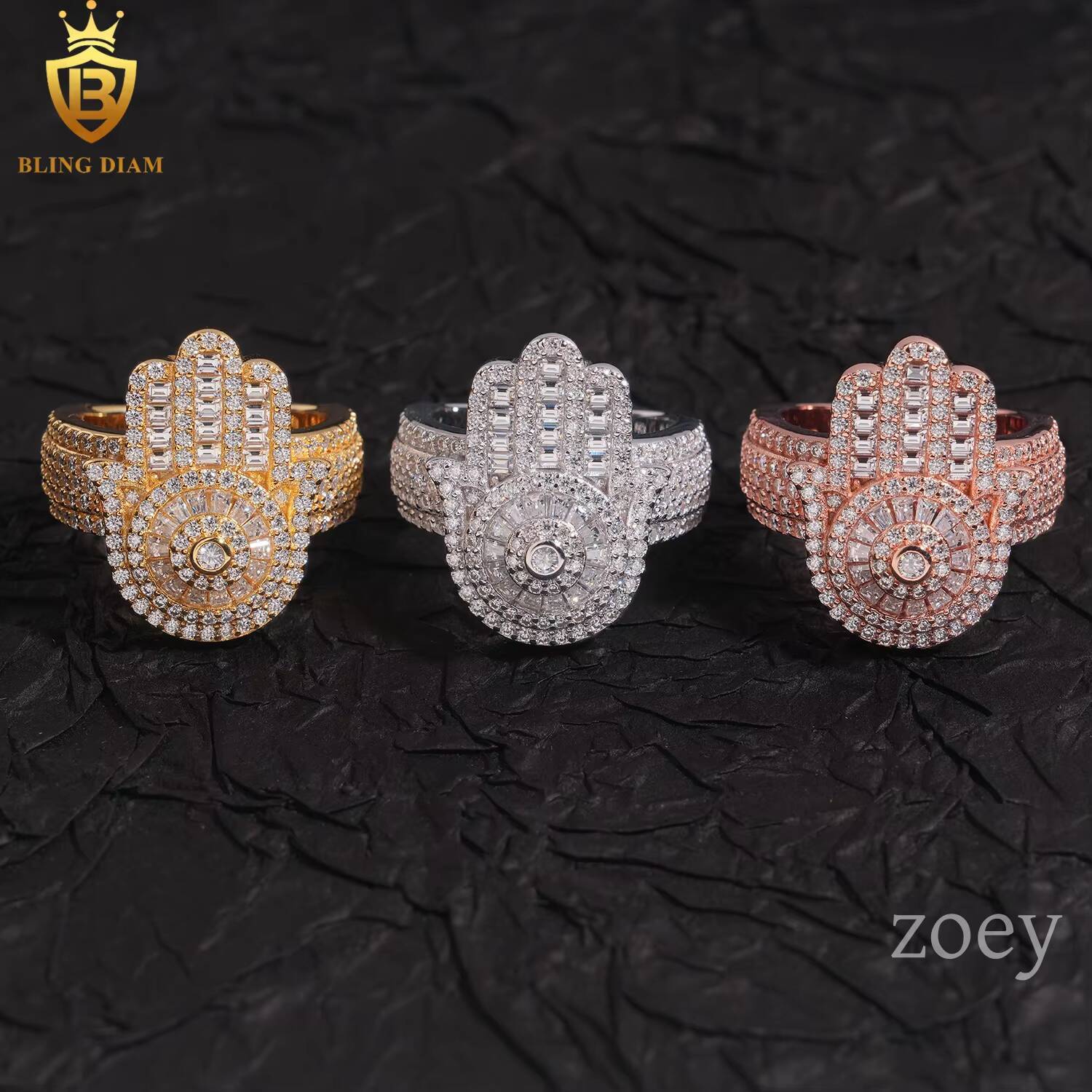 Wholesale Hip Hop Jewelry 925 Sterling Silver Ice Out Vvs Moissanite Fully Diamond Men Rings Square and Hamsa