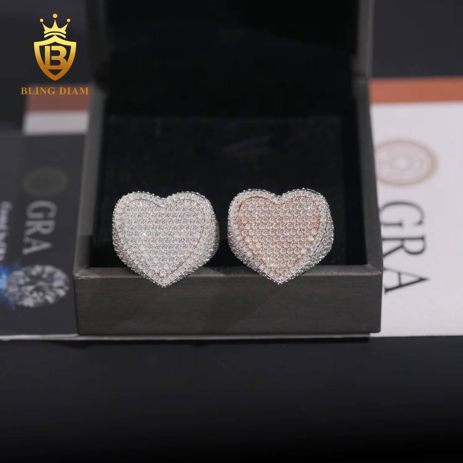 Hip Hop Style Jewelry Heart Shaped Mens Rings Fully Diamond Vvs1 Moissanite Iced Out 925 Solid Silver Rose Gold Double Layer