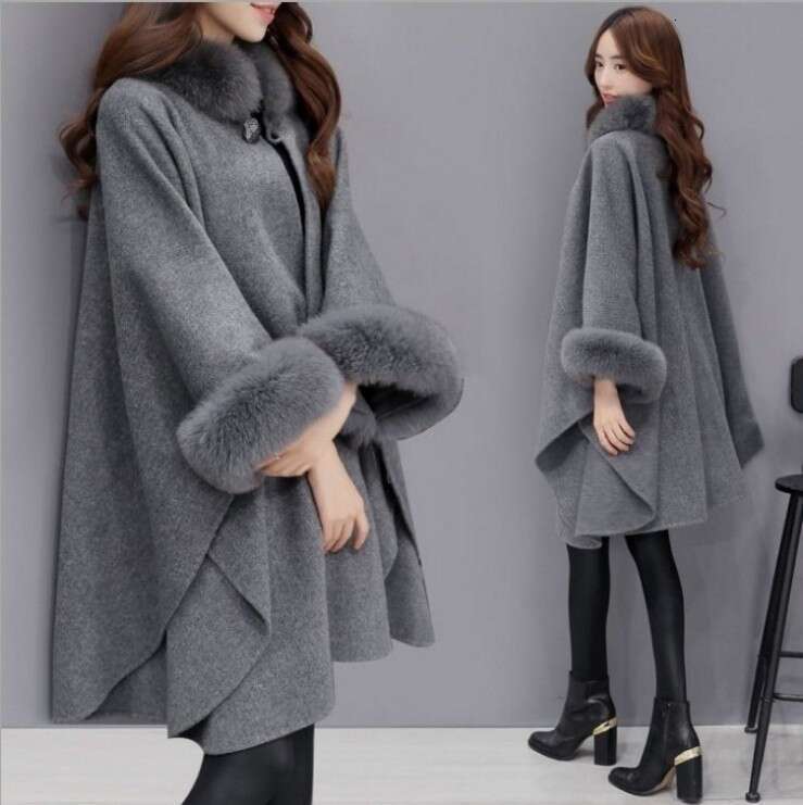 Elegant Women Cape Coat Batwing Sleeve Faux Fur Cuff Lady Pure Color Simple Cape Coat
