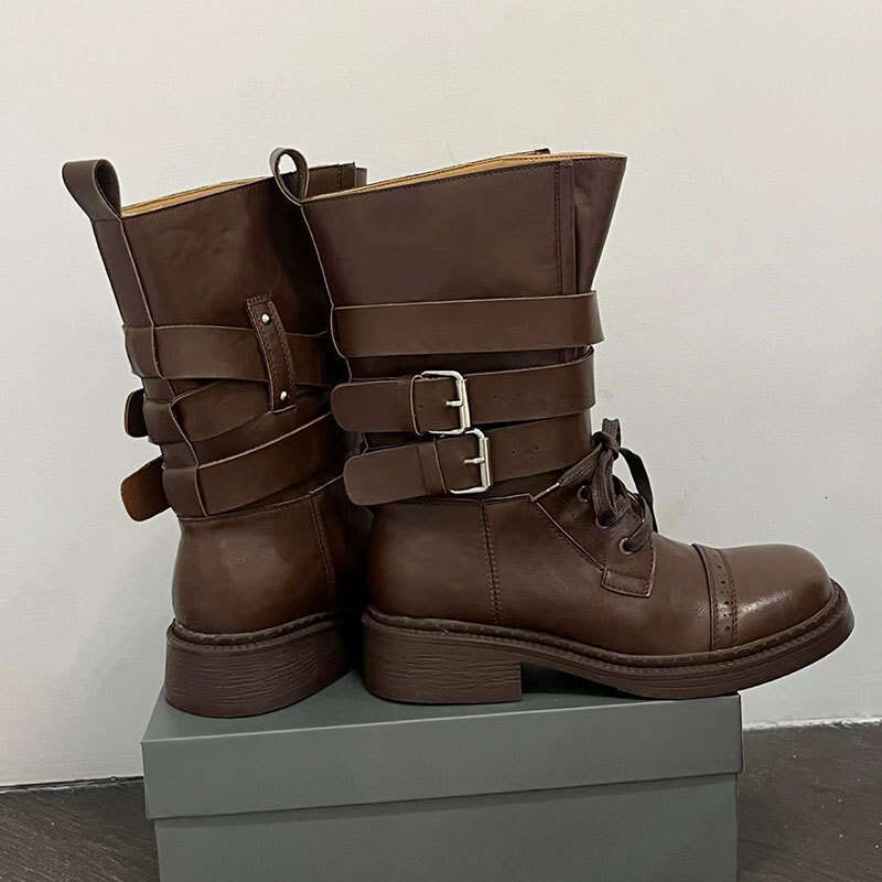 2025 New British Style Lace-up Belt Buckle Chunky Heel Martin Women Fashion Mid-calf Versatile Brown Short Boots