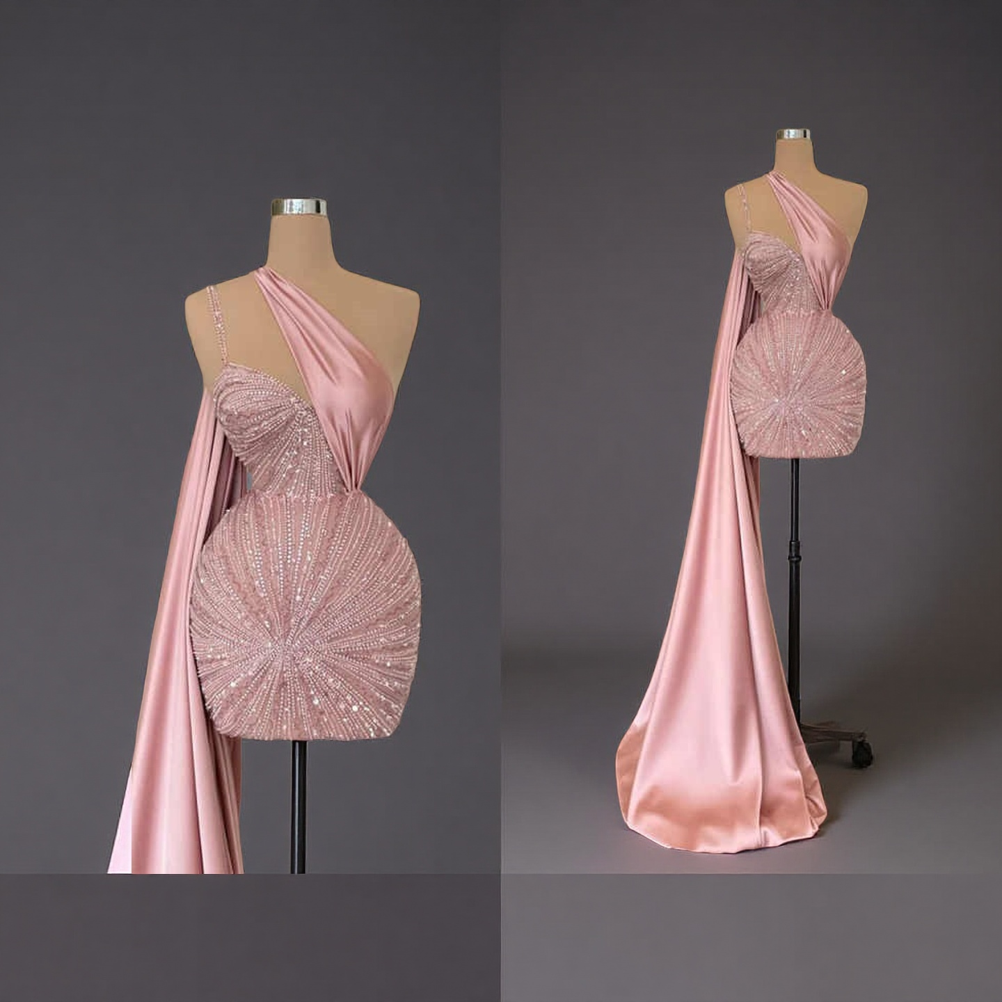 Pretty Sequins Customized Short Evening Dress One Shoulder Sleeve Ribbon Beading Prom Gowns Birthday Party ovia