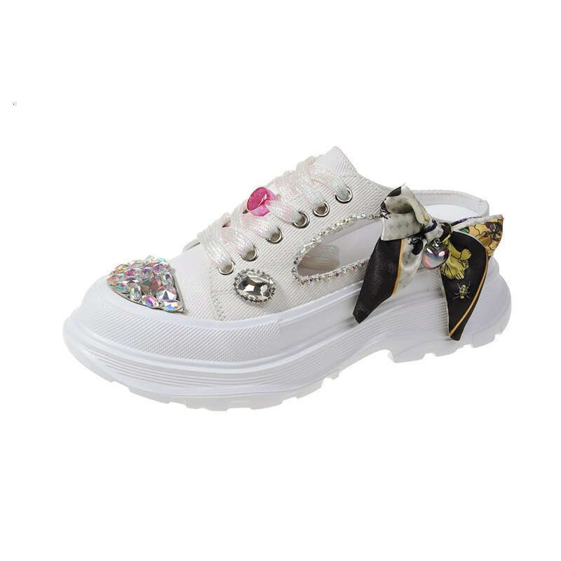 2023 Summer New Fashion Women's Lace-up Casual Slippers Versatile Mid-Heel Breathable Rhinestone White Shoes