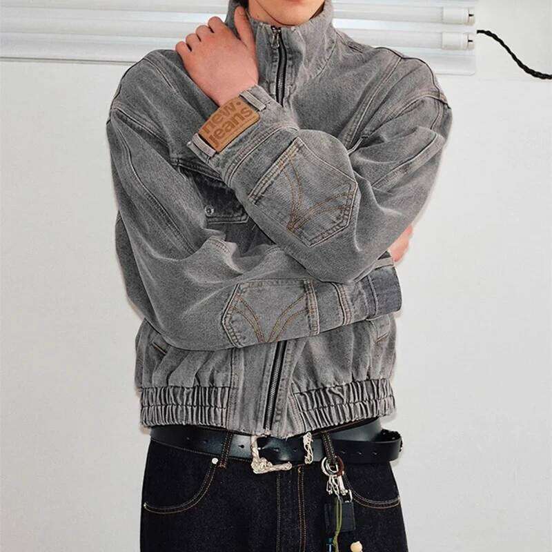 Fashionable Mens Patchwork Jacket Streetwear Vintage Stand Collar Zip-up Denim Jackets For Men Spring Casual Jean Outerwear