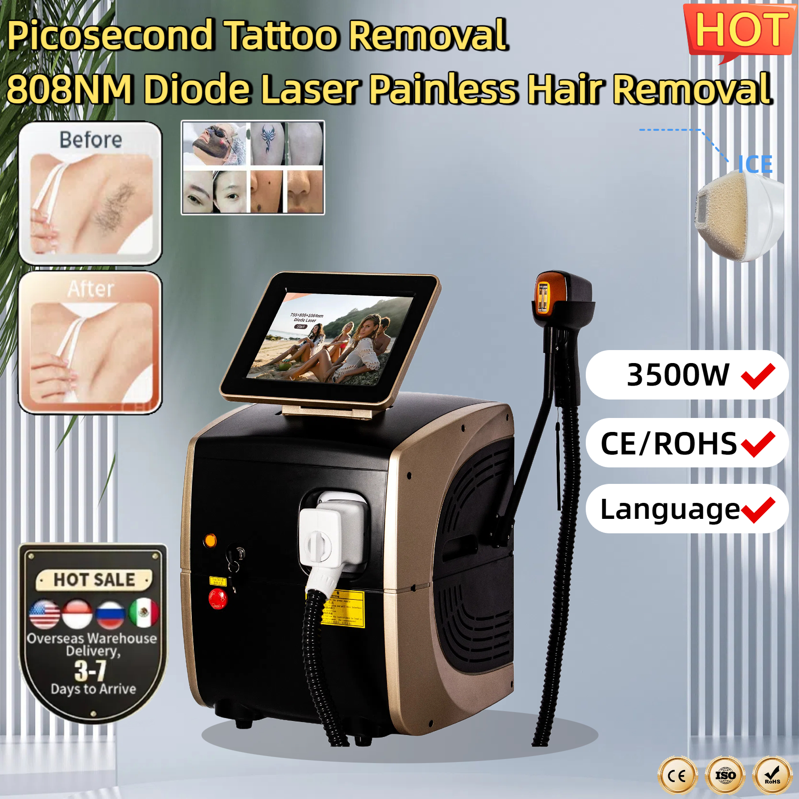808nm Diode Laser Hair Removal Device Suitable for Men and Women Full Body Hair Removal Freezing Point Cooling Technology CE/ROHS