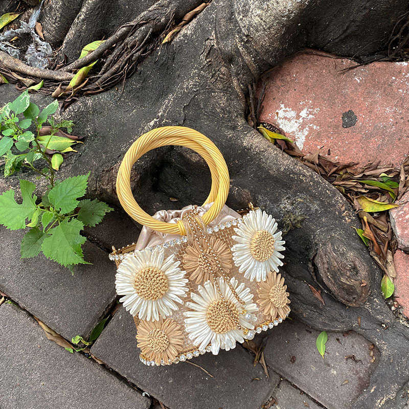 Sunflower Birdcage Handmade Hollow Shiny Rhinestone Beaded Chain Basket Bucket Handbag