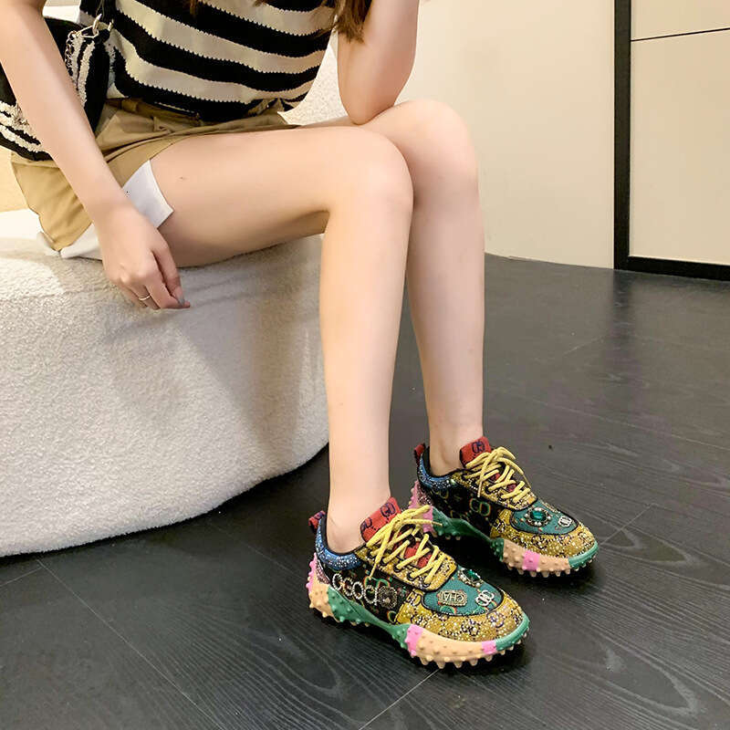 2023 Spring Heavy Craft Full Diamond Color Block Fashion Women's Dad Shoes High Top Thick Sole Height Increasing Letter Casual