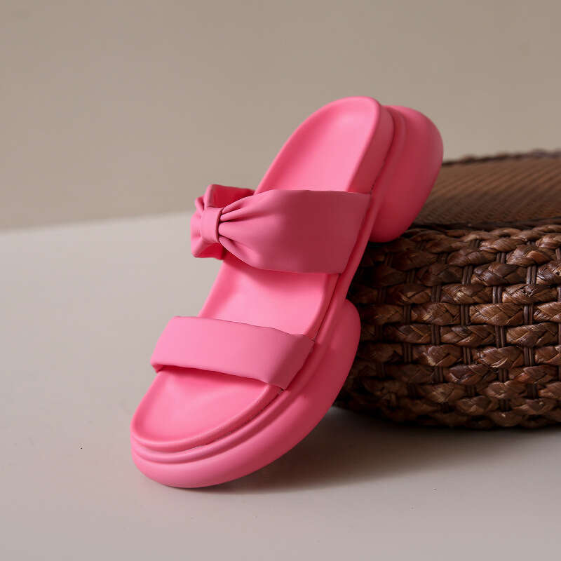 2023 Designer Bowknot Pink Open-Toe Thick-Soled Slippers for Women Fashionable Beach Sandals Summer