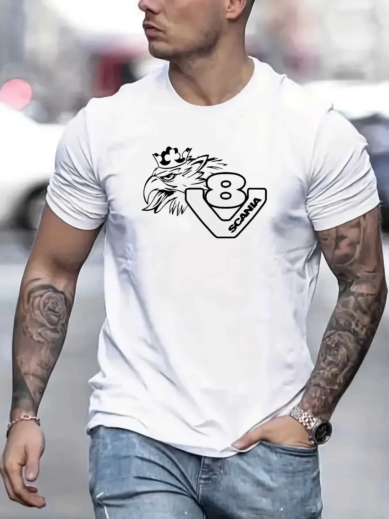 Mens summer 100% pure cotton fashionable casual sports loose fashion pattern printed round neck short sleeved T-shirt top Y250819