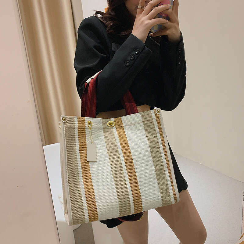 2025 New Women's Handbag Tote Bag Trendy Canvas Striped Student Shoulder Crossbody Backpack