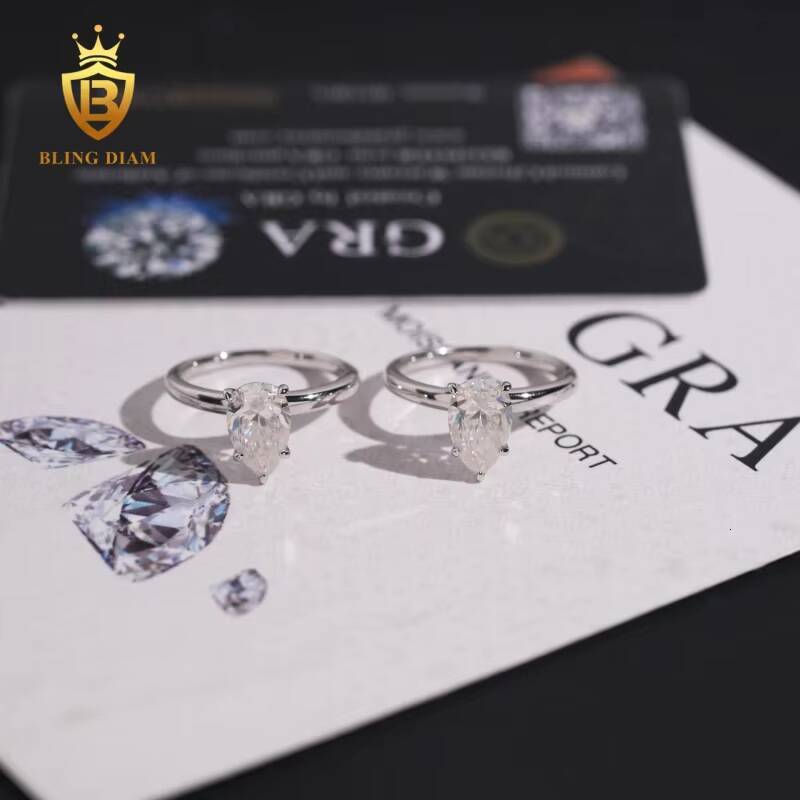 Hot Sale Iced Out Fine Jewellery Moissanite Ring Engagement Main Stone Pear-Shaped Cut Sterling Silver S925 Luxury Rings