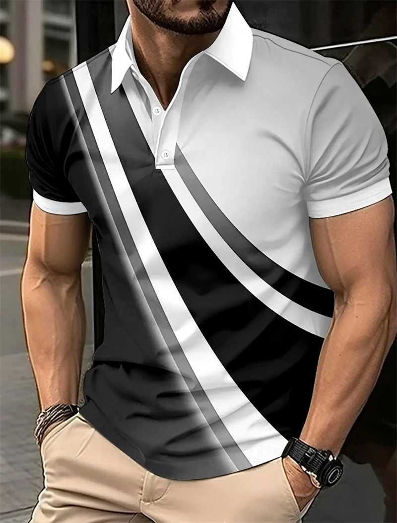 Summer Mens Geometric Line Fashion Trendy Short Sleeve 3D Printed Collared Shirts Business Casual Oversized Tees Tops Y250819