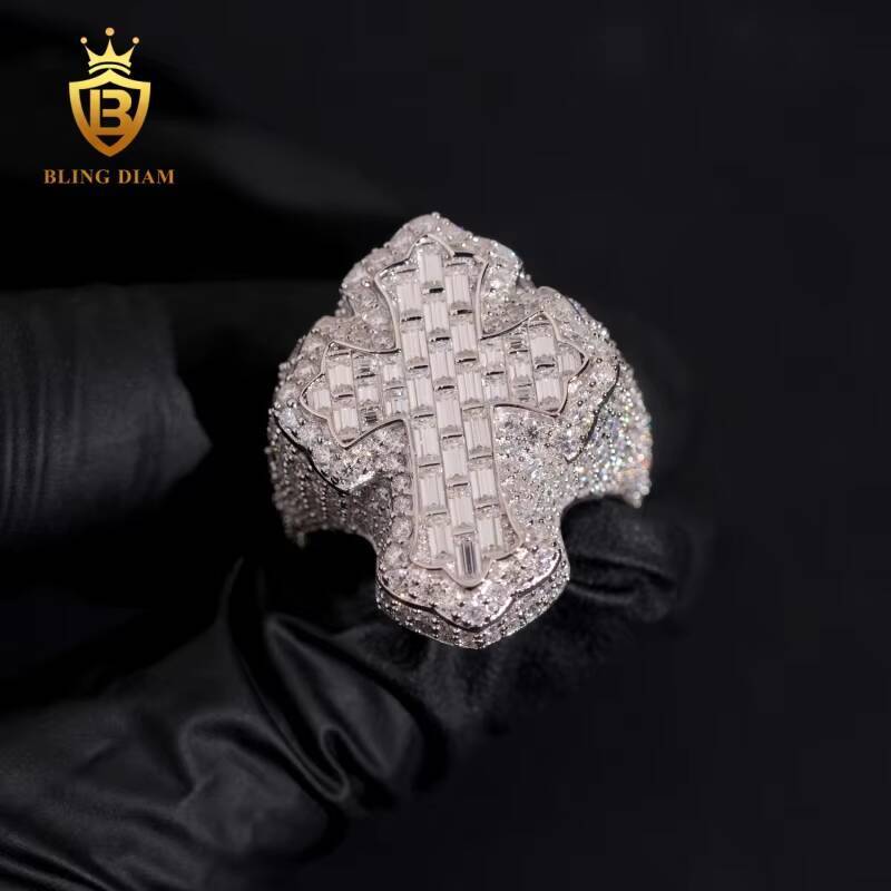 UAS Local Stock Hip-Hop Jewelry 925 Sterling Silver Vvs Moissanite Gra Certifficate Iced Out Jesus Cross Rings for Mens