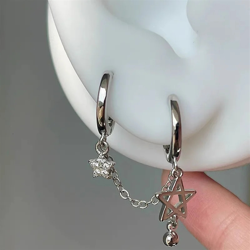 1PCS Silver Color Star Chain Double Ear Hole Stainless Steel Bone Nail Y2K Fashion tie Earrings for Women Jewelry 250811