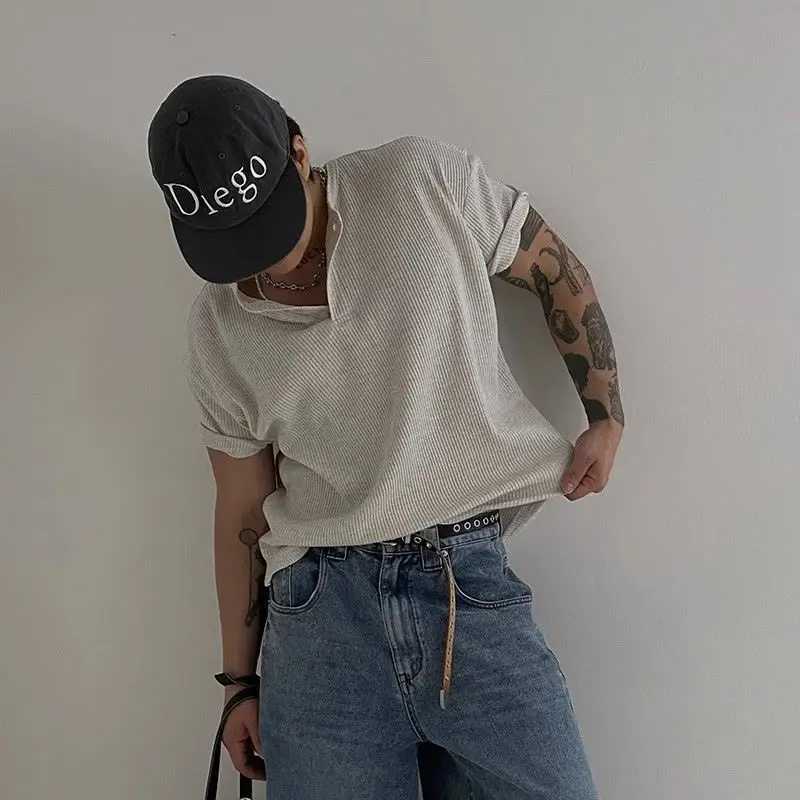 Korean Casual Waffle Short-sleeved T-shirt Men Summer Loose Versatile Top Y250819