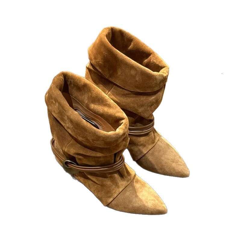 Sheepskin Version~ Pointed Toe Ankle for Women, Height Increasing, Wrinkled, Two-Way Wear, Niche Suede Cat Heel Western Slouch Boots