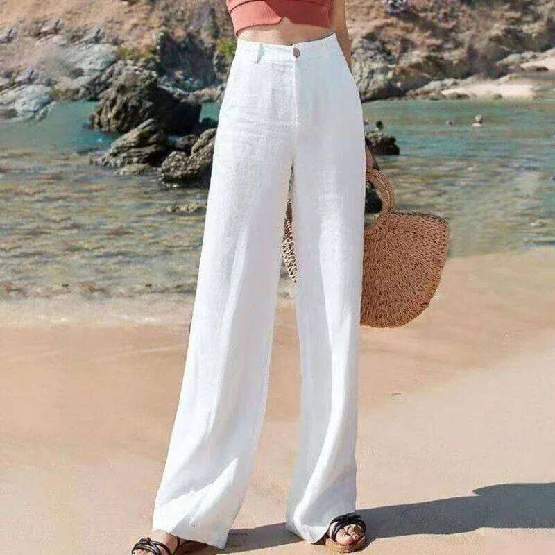 Summer Baggy Cotton Linen Women Elegant High Waist White Wide Leg Pants Woman Casual Loose Straight Full Trousers Female