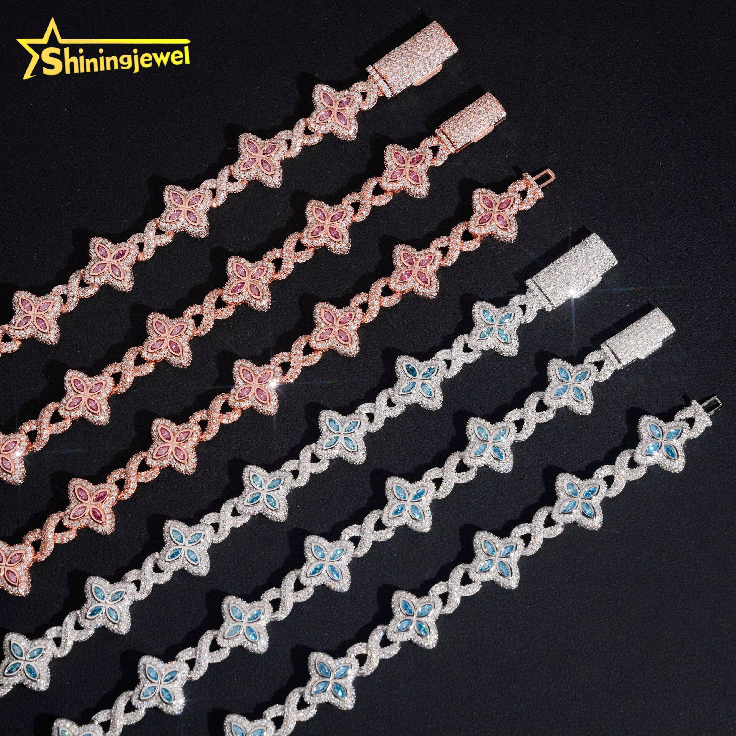 15mm Iced Out Hip Hop Jewelry Bracelet 925 Solid Silver Marquise Diamond VVS D Moissanite Cuban Link Chain Clover Necklace