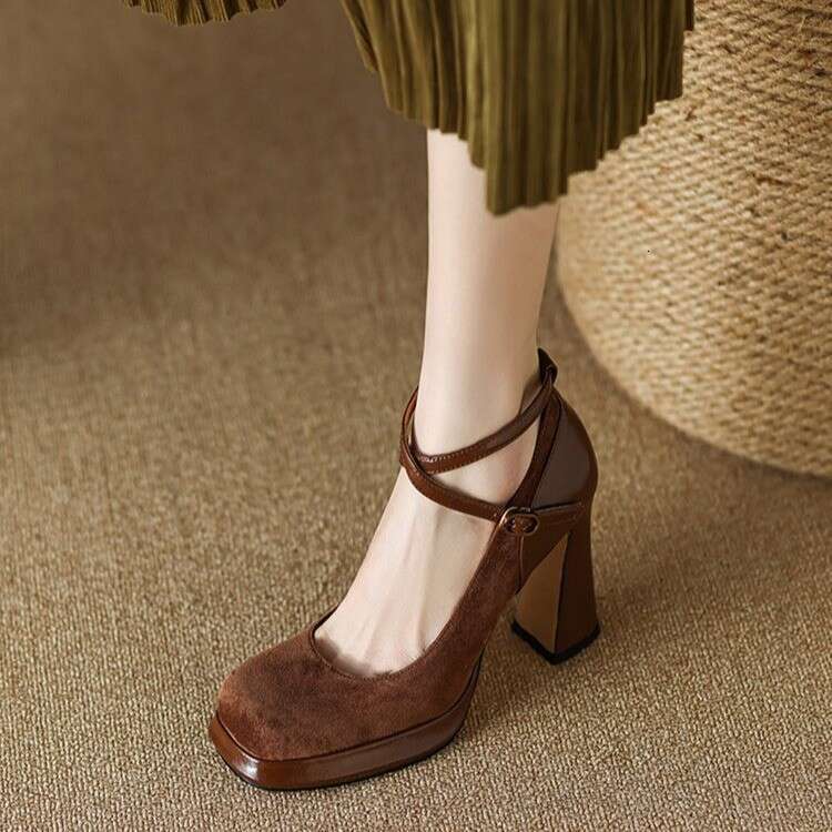 Elegant Lace-Up High Mary Jane Versatile Shallow Mouth Single Square Toe Chunky Heel Shoes Waterproof Platform 2023 Spring