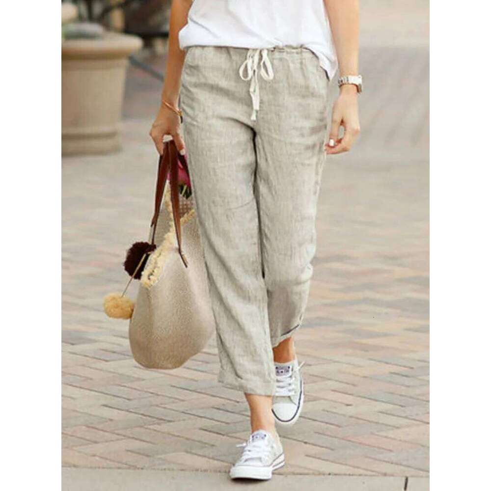 Elegant Solid Slimple Pant Fashion Women Drawstring Cropped Elastic Waist Straight Pants Casual Office Lady Communte Trousers