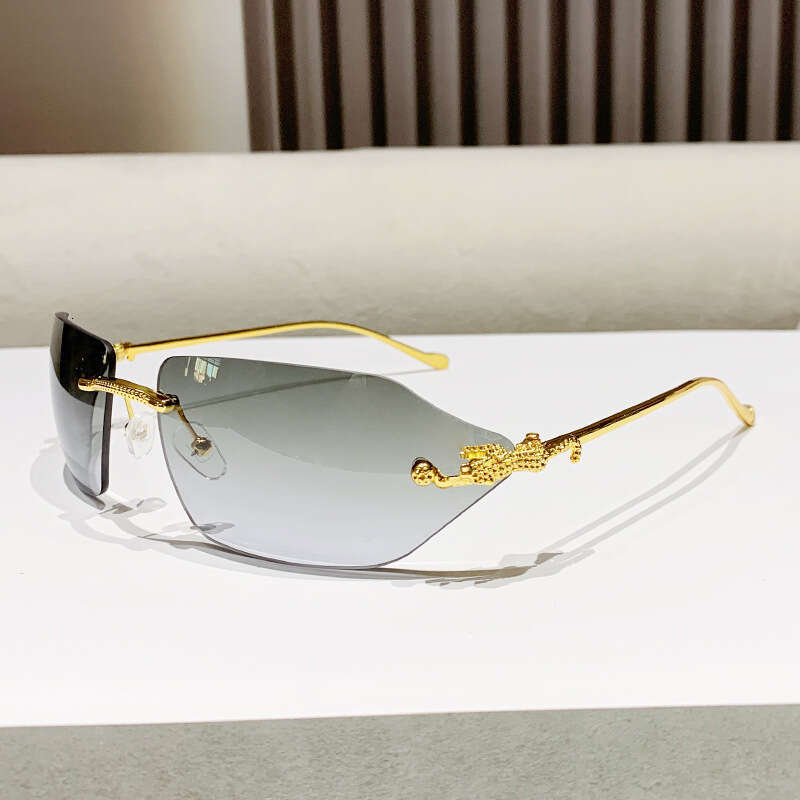 New Cat Designer Eye for Men, High-End Metal Luxury Gold Trendy Rimless Leopard Head Sunglasses