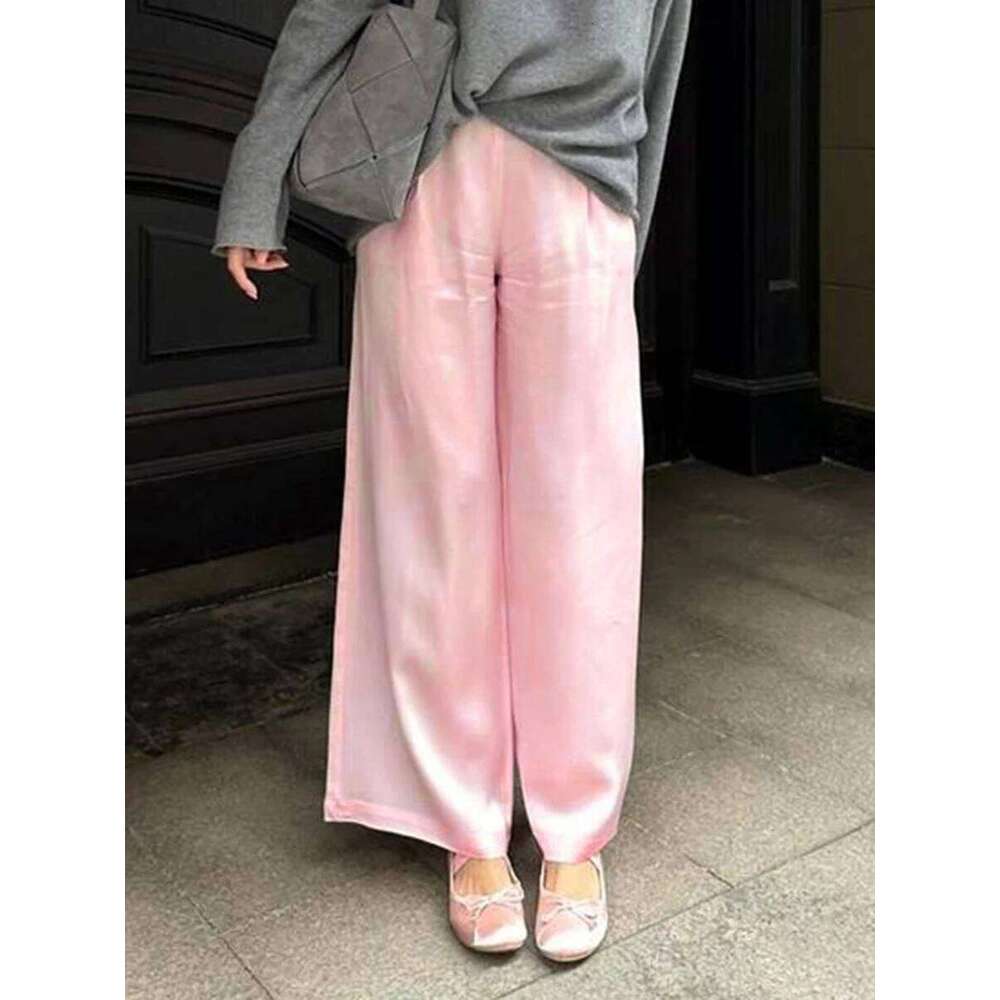 Chic Satin Wide Leg Dress Pants Women's Stylish Elastic Waist Loose Fit Long Trousers for Streetwear Work Solid Color