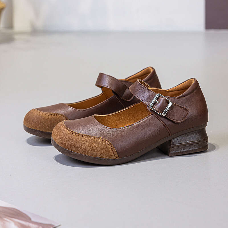 Cute Patchwork French Round Toe Breathable One-Strap Mom Women's Top Layer Cowhide Versatile Leather Shoes