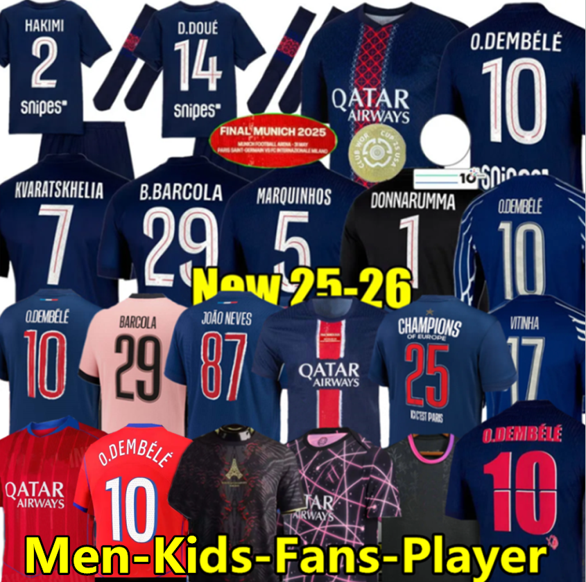 FINAL 25 26 D.DOUE KVARATSKHELIA Maillot de Foot Joao Neves Paris Jerseys Marquinhos Dembele Barcola Asensio Hakimi Ugarte Futebol camisa 2025 2026 PSGSE Men Kit