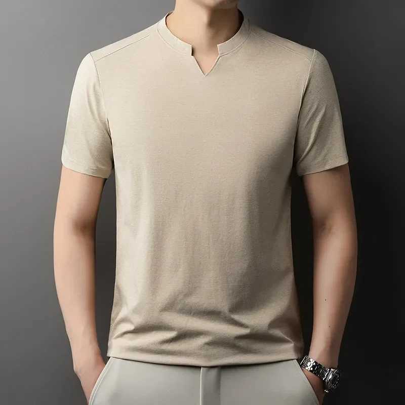 Korean Mens Casual and Fashionable Small V-neck Solid Color Short Sleeved T-shirt Comfortable Summer Versatile Top Y250819