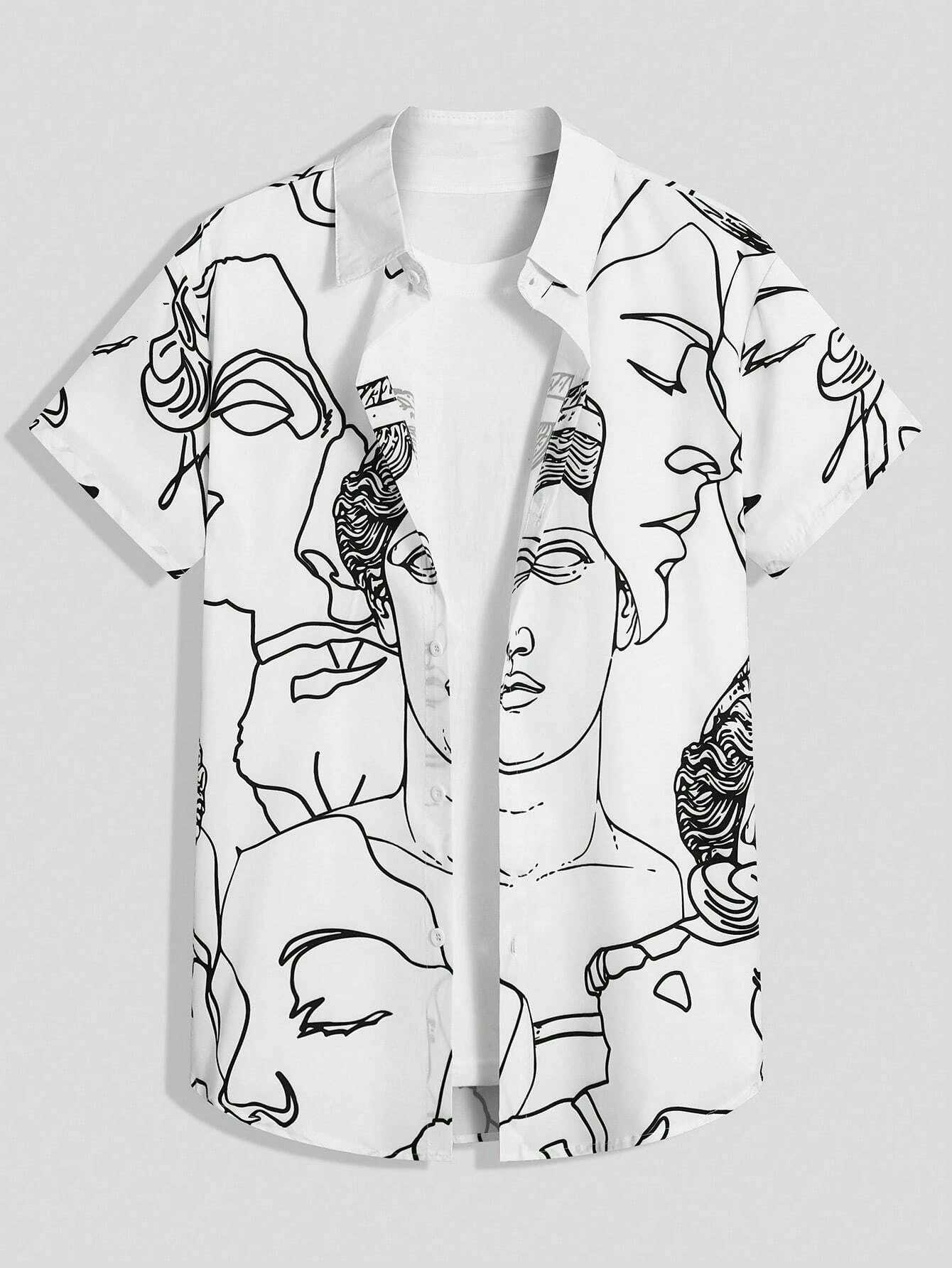 Line Drawing Design Graffiti Men Women Shirt Print Design Short Sleeve Shirt Fashion Button Short Sleeve Top Y250819